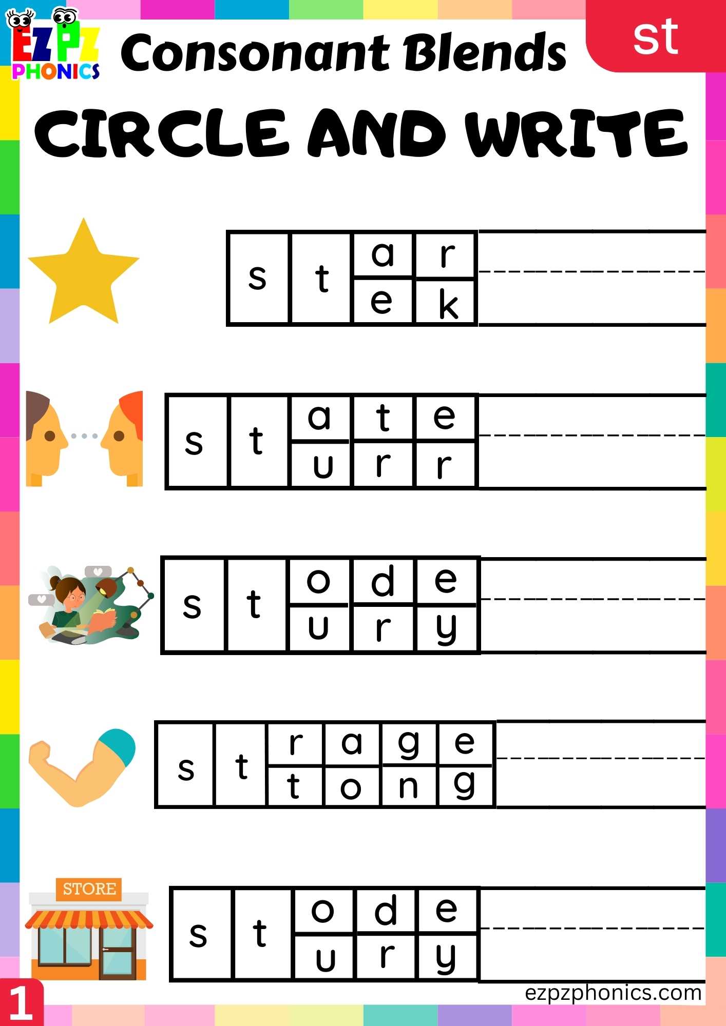 Group1 ST Words Circle And Write Phonics Consonant Blends Worksheet